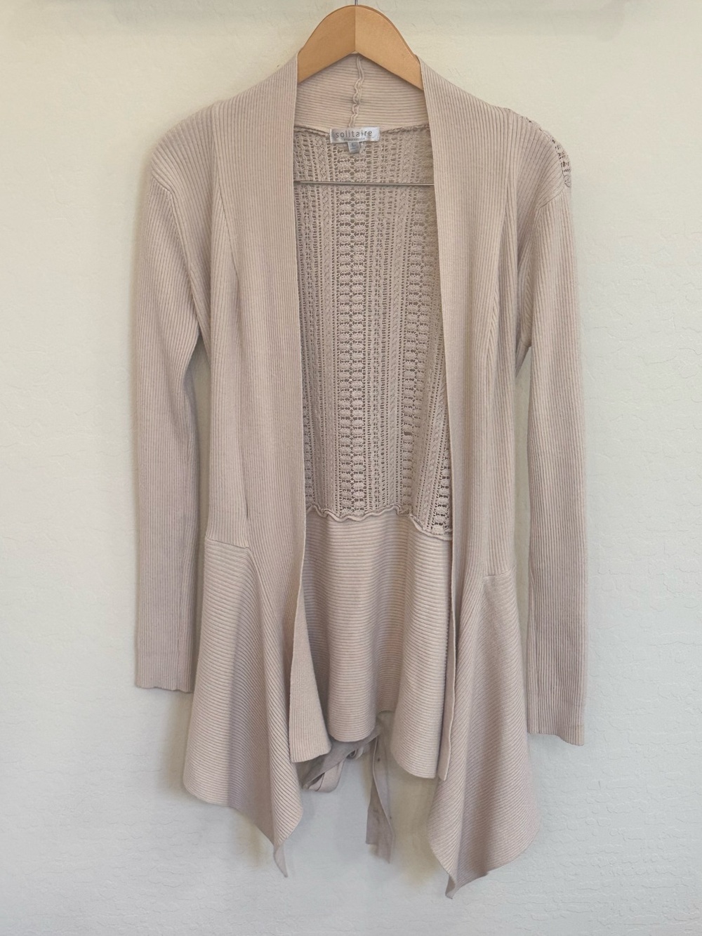 Solitaire Neutral Ribbed Beige Crochet Lace Back Open Front Draped Cardigan L